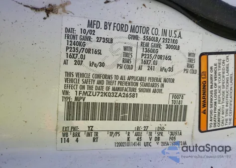 2003 Ford Explorer Xls z USA, uszkodzony, nr VIN 1FMZU72K03ZA26581